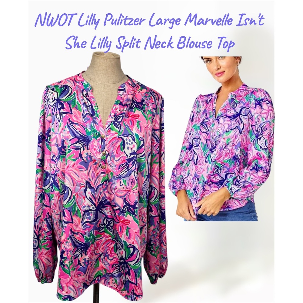 NWOT Lilly Pulitzer L Marvelle Isn't She Lilly Split Neck Blouse Top Purple Pink